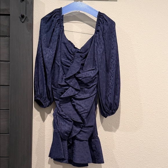 ASTR Navy Blue Sweetheart Ruffle Ruched Front Flattering Mini Dress - Picture 2 of 5